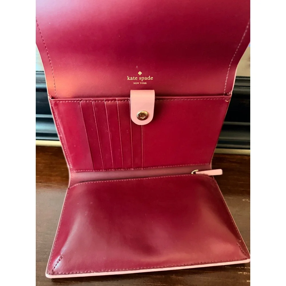 Kate Spade Wallet Women OS Pink Leather Bifold Phone Case Clutch Burgundy - Picture 5 of 10